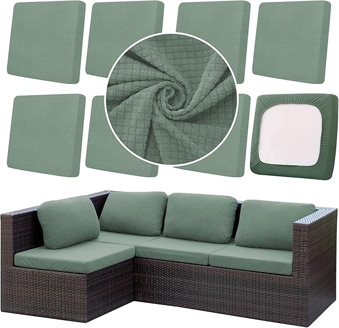 8Pcs Outdoor Cushion Covers, Patio Cushion Covers,Stretch Elastic Slipcovers, Replacement Washable Furniture Protector for Patio Couch,Thick Jacquard Fabric(Matcha Green, Cover Only)