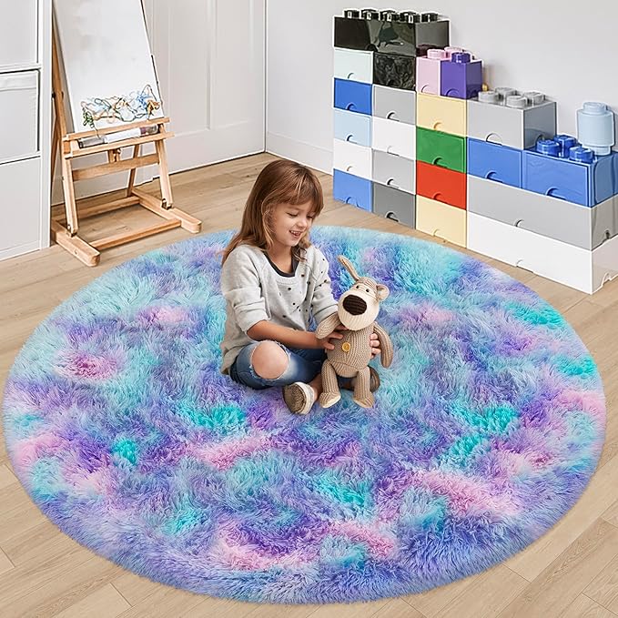 5x5 ft Tie Dye Rainbow Round Rug for Bedroom Room Fluffy Circle Rug Furry Carpet Shaggy Circular Fuzzy Washable Non-Slip Large Area Rug Soft Indoor for Living Room Cute Aesthetic Home Decor