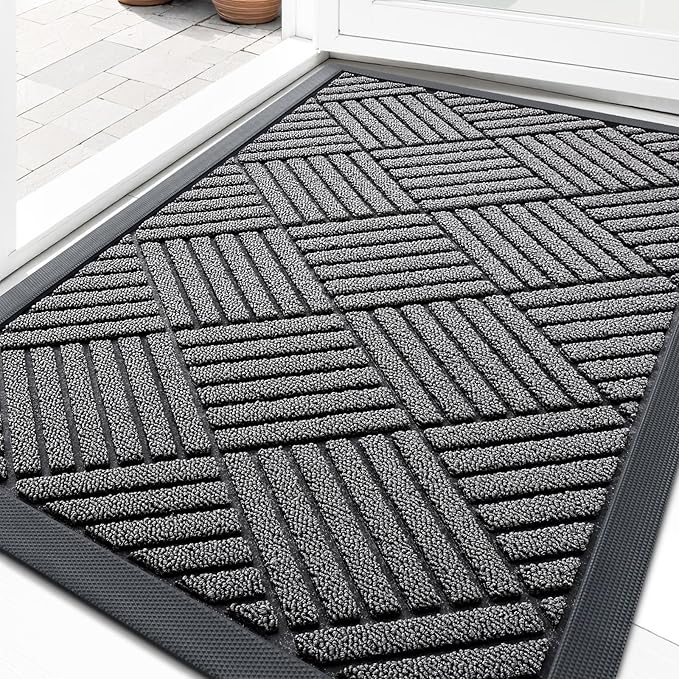 OLANLY Front Door Mat Outside Entrance 35x23, Absorbent, Heavy Duty Sturdy Natural Rubber Doormat Indoor Outdoor, Stain and Fade Resistant, Non-Slip Low Profile Floor Mat for Entryway, Grey Diamond