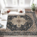 Area Rug 8x10 Vintage Rugs: Large Washable Living Room Rug Retro Medallion Distressed Soft Low Pile Non-Slip Indoor Floor Carpet for Bedroom Kitchen Nursery Dining Office (BeigeBlack, 8'x10')