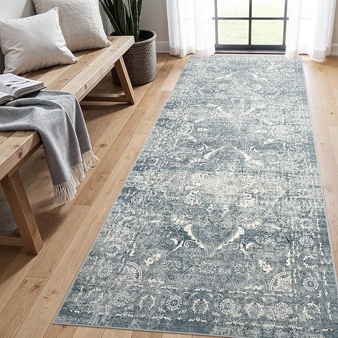 4x8 Washable Hallway Runner Rug - Wide Kitchen Runners Vintage Low Pile Carpet Soft Thin Floor Runner with Rubber Backing for Entryway Bedroom Living Room Home Decor (Blue)