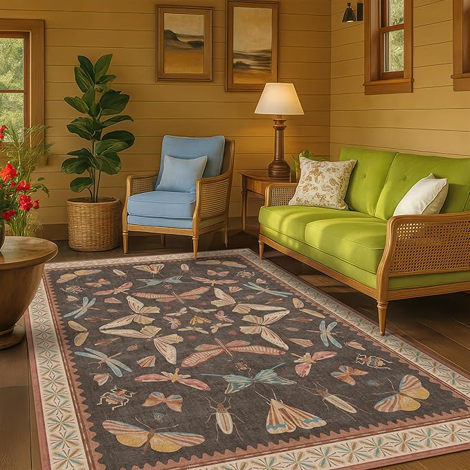 5x8 Brown Rugs for Living Room, Soft Boho Rugs for Bedroom, Non Slip Dining Room Carpet for Under Table, Vintage Farmhouse Home Décor, Low Pile Stain Resistant Mat