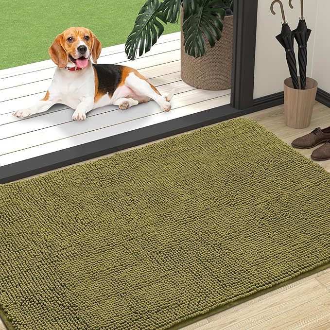 OLANLY Dog Door Mat for Muddy Paws 47x32, Absorbs Moisture and Dirt, Absorbent Non-Slip Washable Doormat, Quick Dry Chenille Mud Mat, Entry Indoor Entryway Carpet for Inside Floor, Willow Green