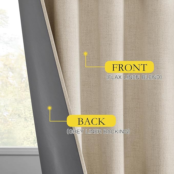 NICETOWN Cream Linen Complete Blackout Curtains 48 inches for Kids Room, 2 Panels, Thermal Insulated & Noise Reducing Window Draperies with Grey Liner, Noise Reducing Short Drapes