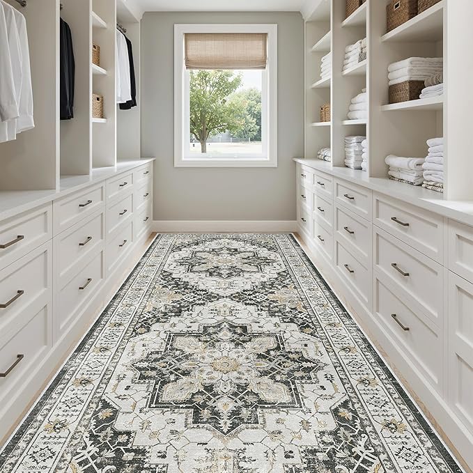Madane 4x10 Wide Hallway Runner Rug: Washable Soft Rug Runners for Living Room Bedroom, Stain Resistant Low Pile Area Rugs Thin Non Slip Floor Carpet for Ktichen Bathroom Dining Room (Black,4x10)