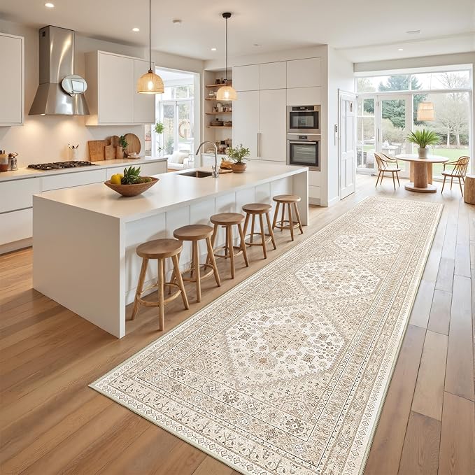 Carpet Runners for Hallway 12ft, Non-Slip Long Bathroom Rugs Runner for Kitchen, Living Room, Soft Vintage Washable Rug for Entryway, Thin Floor Mat for Dining Room(Cream/Beige,2.5'x12')