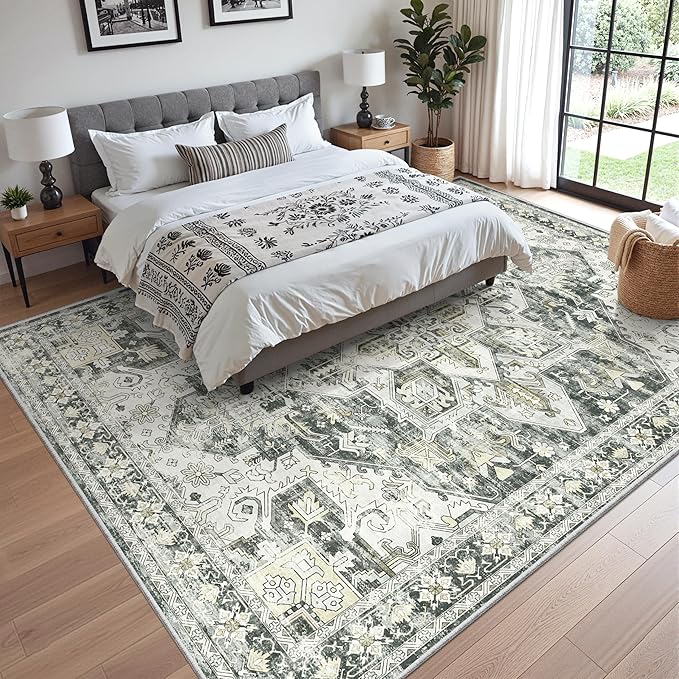 zesthome 9x12 Area Rugs,Stain Resistant Washable Rug,Ultra-Thin Rugs for Living Room,Bedroom,Non-Slip Backing Home Decor Large Area Rug (Grey/Beige,9'x12')
