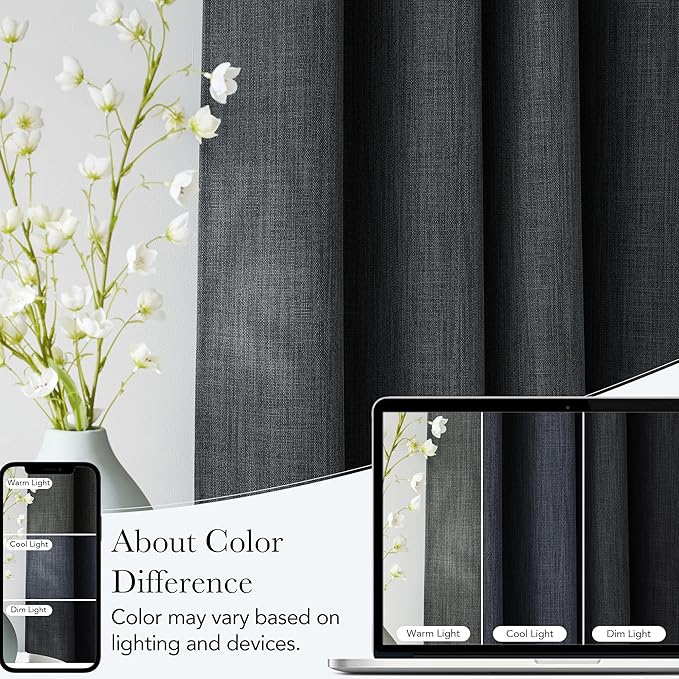 NICETOWN Short Faux Linen Charcoal Gray Blackout Curtains 63 inches Long for Kitchen - Privacy Panels for Living Room Bedroom, Modern Farmhouse Style Easy Care Grommet Top, 2 Panels, W42 by L63