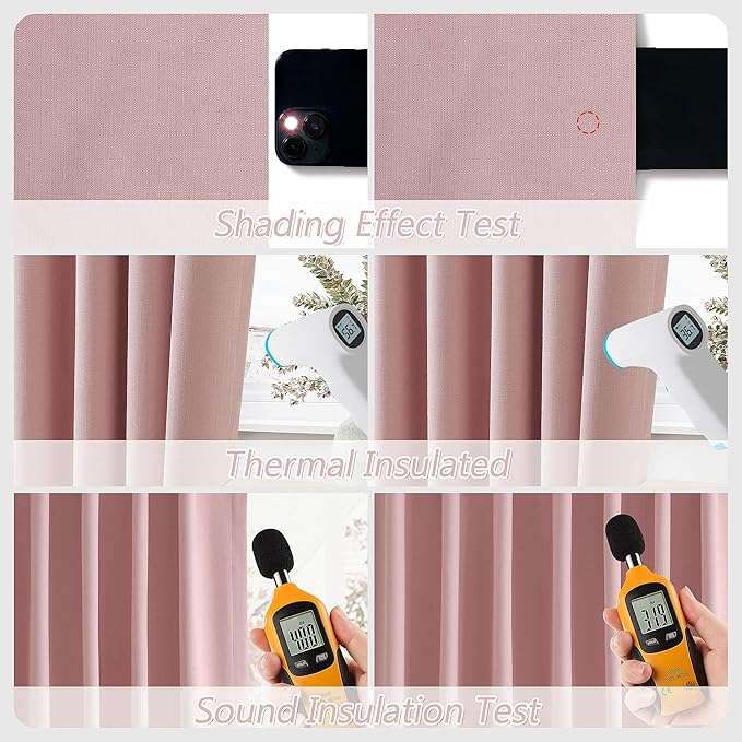 Guken 100% Blackout Linen Curtains 84 Inch 2 Panels Set for Girl's Bedroom, Living Room, Nursery, Back Tab Thermal Insulated Black Out Drapes Room Darkening, Pink