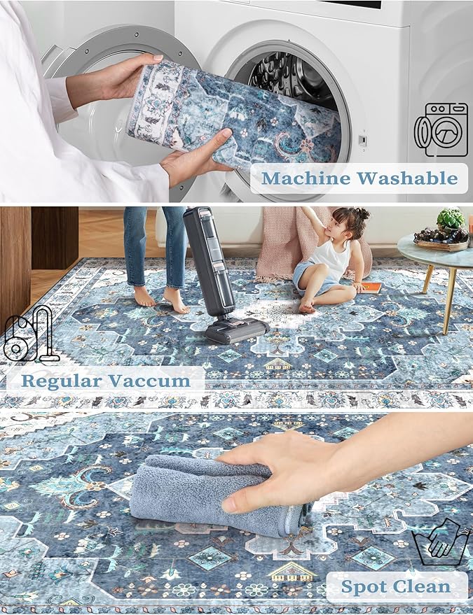 SERISSA Boho Washable Runner Rug, 2x6 Rug Non-Slip Vintage Blue Hallway Kitchen Runner Rug Ultra Soft Print Distressed Floor Carpet for Bedroom Bathroom Laundry Living Room