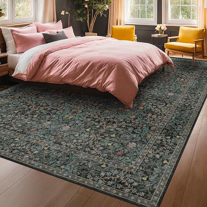8x12 Area Rug for Living Room - Large Washable Rugs for Bedroom, Dining Room Under Table, Ultra Soft Low Pile Non-Slip Stain Resistant Carpet - Dark Green Vintage Floral Décor