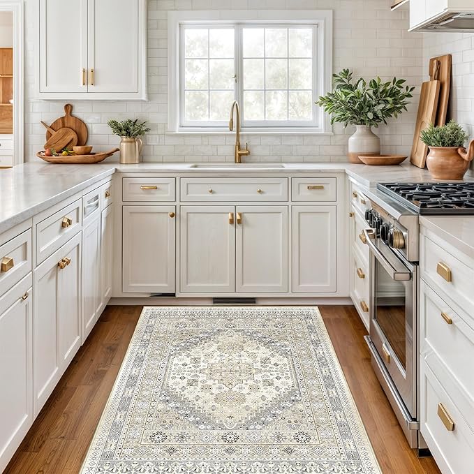 3x5 Washable Area Rug for Entryway, Kitchen Rugs Non Slip for Dining Room, Vintage Floral Soft Living Room Rug, Thin Area Rug Indoor for Bedroom, Kids Room Decor(Beige,3'x5')