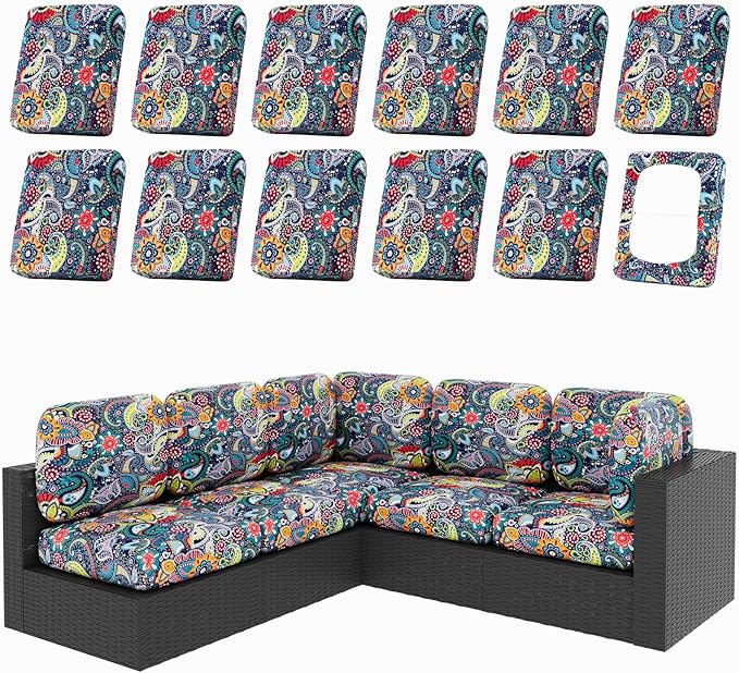 hyha 12Pcs Patio Cushion Covers, Stretch Outdoor Couch Cushion Covers Replacement, Washable Outdoor Chair/Sofa Slipcovers for Patio Furniture Cushions Protector with Elastic Bottom(Paisley,Cover Only)