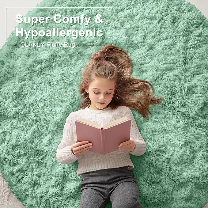 OLANLY Mint Green Round Rugs for Bedroom - Machine Washable, 9 ft Circle Area Rugs for Living Room, Soft and Fluffy Shaggy Carpet for Teen Girls and Boys, Nursery Rooms, Dorms, Home Decor Aesthetic