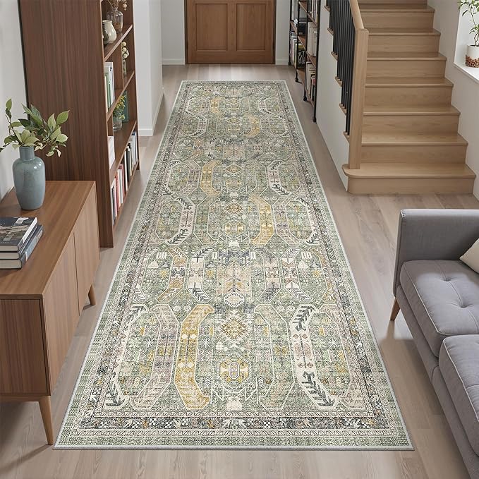 Madane Runner Rug 2'6''x8' Kitchen Runner, Hallway Runner Printed Vintage Washable Rugs Soft Non-Slip Low Pile 2.5x8 ft Runners for Hallways Laundry Room Rug Distressed Rug, Green/Gold