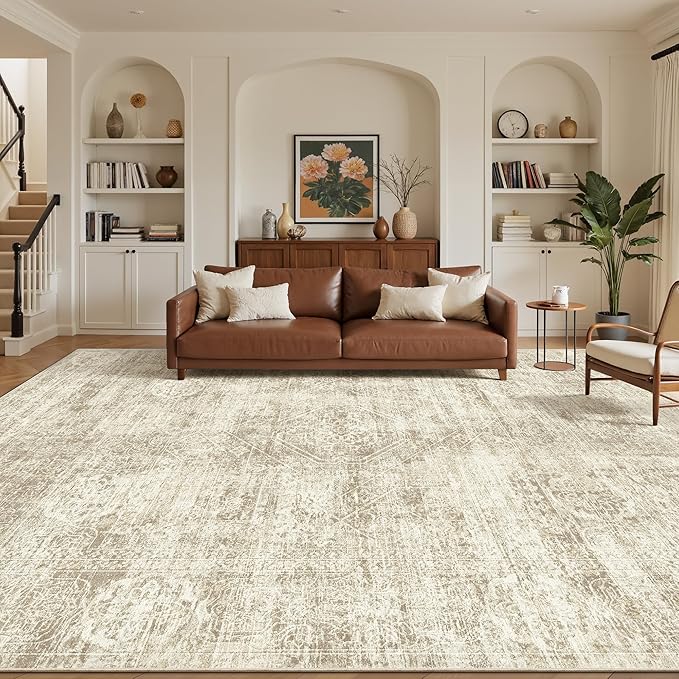 Madane 9x12 Area Rugs for Living Room, Soft Vintage Beige Area Rug with Non Slip Backing, Washable Non-Shedding Low Pile Large Print Floor Carpet for Home Office Decor