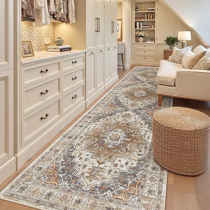 Madane 3x12 Hallway Runner Rug, Non Slip Washable 12ft Runner for Hallways Soft Vintage Kitchen Rugs Low-Pile Thin Floor Carpet Runner for Entryway Bathroom Bedroom, Turmeric/Grey
