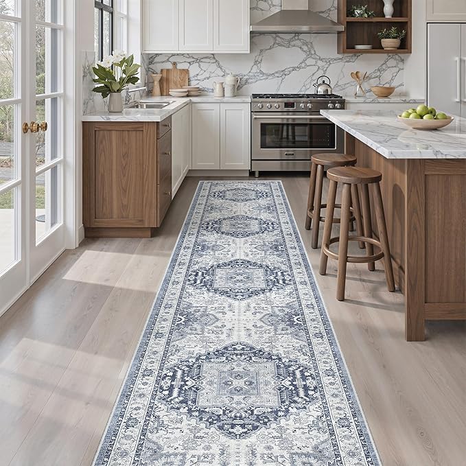 Madane Hallway Washable Runner Rug - 2x10 Kitchen Rugs Entryway Rug Runner Vintage Soft Floor Mat Non Slip Indoor Farmhouse Carpet for Bathroom Living Room Bedroom (2 X 10, Navy/White)