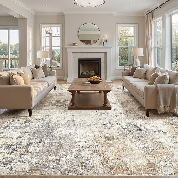 UERMEI 11x14 Area Rug Living Room Rugs - Washable Neutral Modern Abstract Soft Thin Large Rug Indoor Floor No Slip Rug Carpet for Bedroom Under Dining Table Home Office Decor - Golden Grey