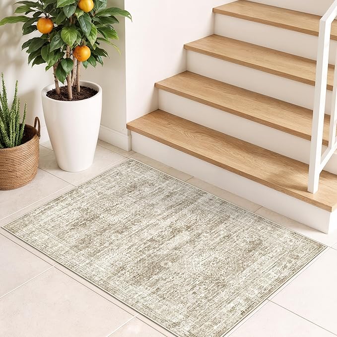2x3 Washable Rug Runner for Bathroom, Soft Entryway Rug for Laundry Room, Kitchen, Vintage Abstract Hallway Runner for Bedroom, Anti-Slip Door Mat Indoor Entrance(2'x3', Brown/Ivory)