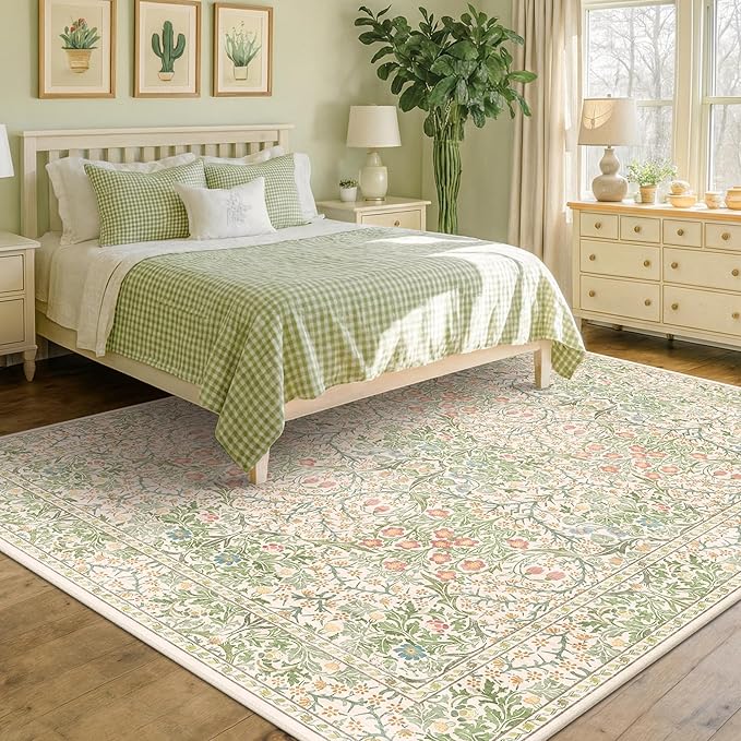 Washable Light Green Rug for Bedroom - 9x12 Large Area Rug for Dining Room Under Table, Living Room, Soft Low Pile Carpet for Playroom - Vintage Floral Non-Slip Stain Resistance (9x12 Beige Green)