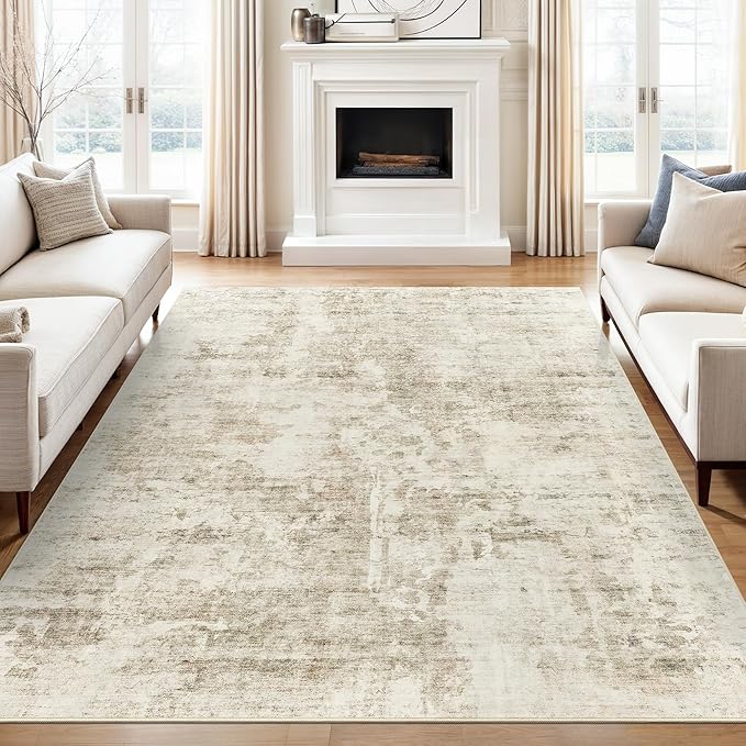 Soalmost Abstract Rug 5x7 Machine Washable Area Indoor Beige Gray White Low Pile Non-Slip Foldable Thin Accent Rugs for Bedroom Living Room Dining Room Grey
