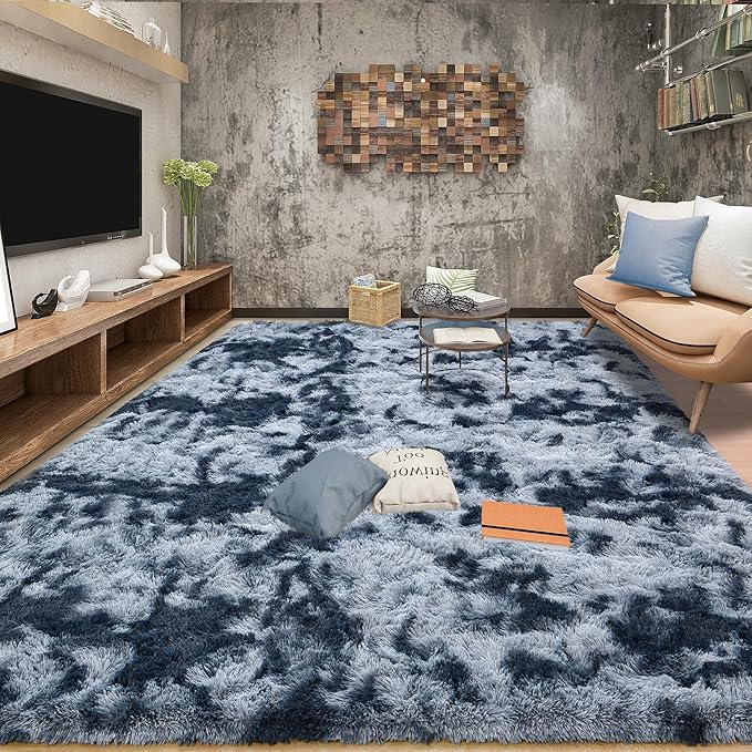 Tepook Soft Fluffy Rugs for Bedroom, 4x6 Area Rug for Living Room, Modern Shaggy Room Rug for Kids Boys Girls, Plush Throw Rugs Indoor Nursery Home Decor Rug with Non-Slip Bottom, Tie-dye Dark Blue