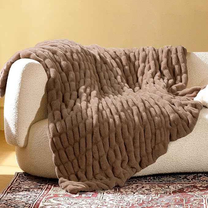 Ultra Soft Cozy Faux Fur Throw Blanket, Fuzzy Plush Thick Bubble Blanket, Oversize Luxury Fluffy Blanket for Couch, Sofa, Bedroom, and Living Room,50x60 Inches,Double Sided Light Brown
