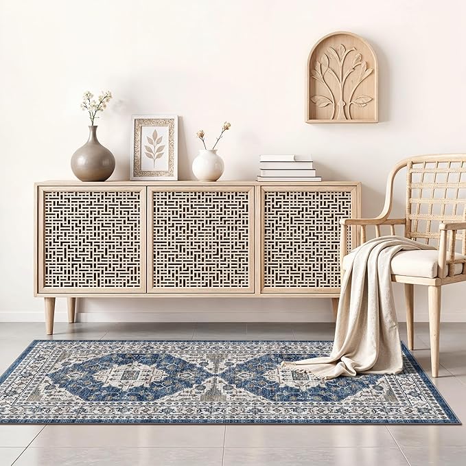 2x4 Non-Slip Entryway Area Rugs: Washable Stain Resistant Kitchen Carpet Printed Doormat Soft Low Pile Nursery Rug Vintage Small Floor Mat for Hardwood Bedroom Cozy Home Decor fot Family(2x4,Blue)