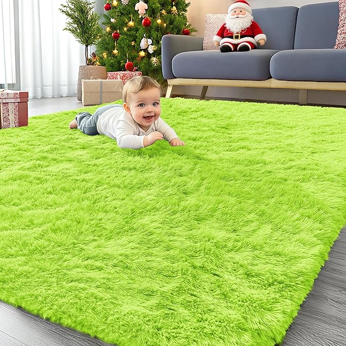 OLANLY 5x8 Machine Washable Large Area Rugs for Living Room, Bedroom, Soft Fluffy Shaggy Bedside Rug, Indoor Floor Carpet for Kids Girls and Boys, Dorms, Nursery, Home Decor Aesthetic, Lime Green