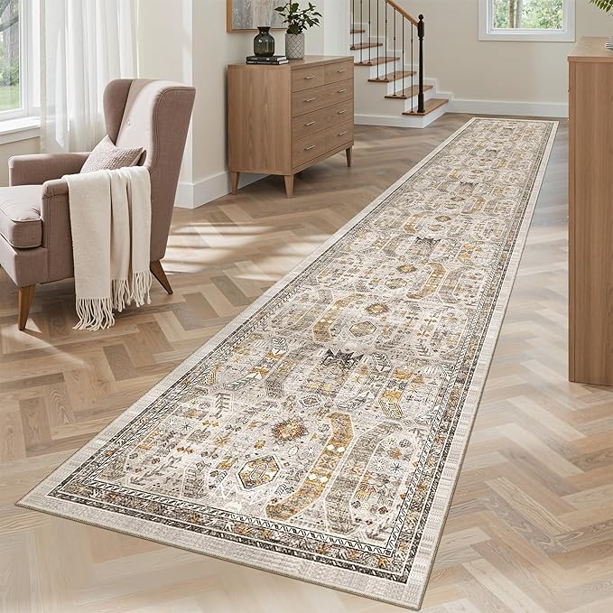 Madane Hallway Runner Rug 2x12, Extra Long Washable Runner Rugs with Rubber Backing, Non Slip Carpet Runner, Vintage Rug Runners for Kitchen Laundry Room Entryway (Brown/Gold, 2'x12')
