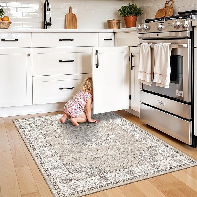 Washable Hallway 3x4 Floor Mats: Farmhouse Non-Slip Kitchen Sink Area Rug Water-Resistant Small Carpet for Living Room Bathroom Thin Soft Doormat Easy-Clean Decorative Rug for Pets Family(3x4,Beige)
