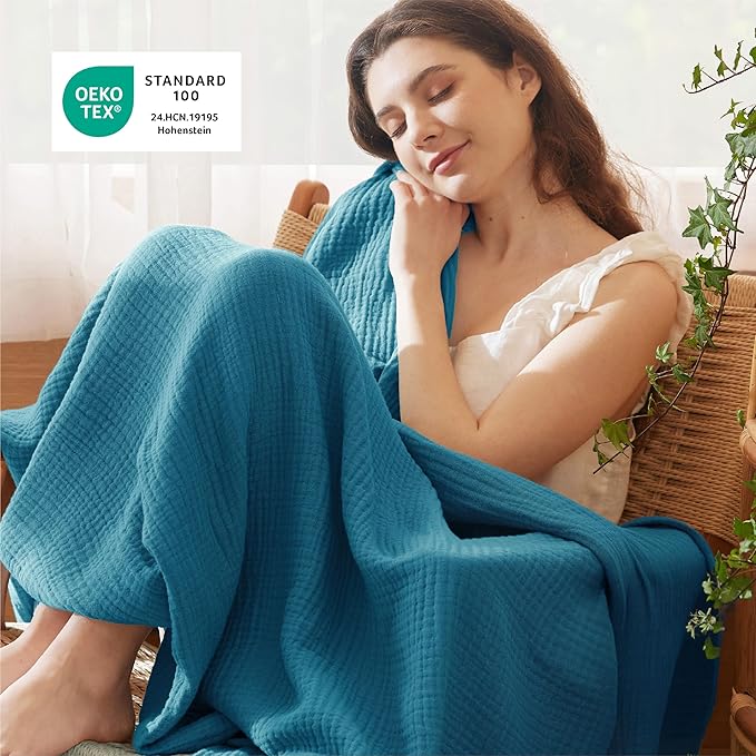 Bedsure 100% Cotton Muslin Throw Blanket Twin XL for Bed - 4-Layer Breathable and Lightweight Thin Soft Summer Gauze Muslin Blankets for Adults, Teal, 66x90 Inches