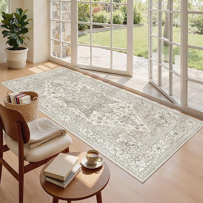 Madane Hallway Runner Rug 3x6 - Washable Kitchen Rugs Entryway Rug Runner Vintage Soft Floor Mat Non Slip Indoor Farmhouse Carpet for Bathroom Living Room Bedroom (3 X 6, Beige/Brown)