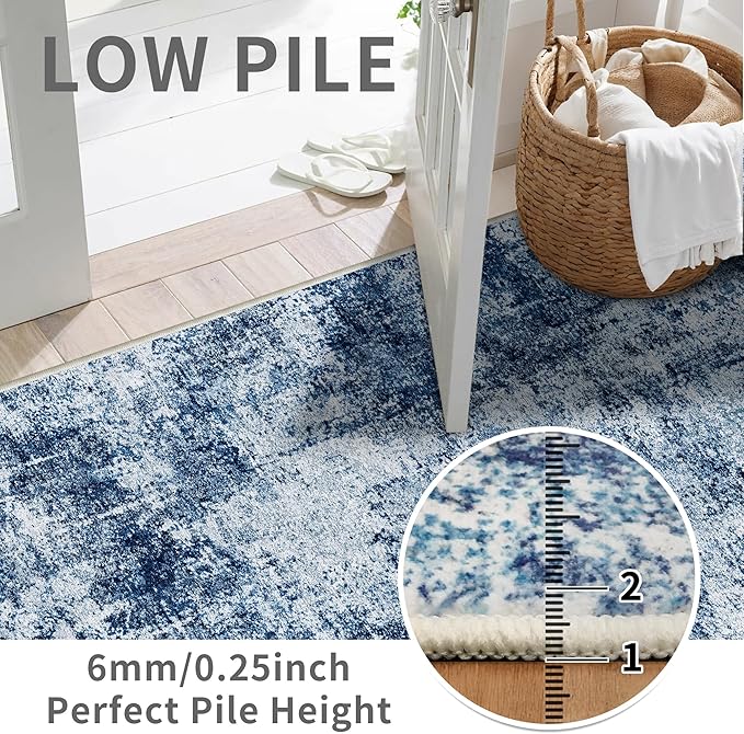 3x10 Washable Runner Rug for Hallway: Non Slip Runners Rugs Easy-to-Clean - Soft Living Room Bedroom Kitchen Carpet - Thin Low Pile Printed Floor Mat for Dining Room Blue