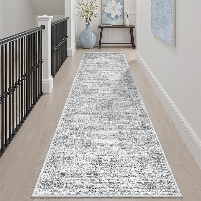 Runner Rug 2'x8' Washable Non-Slip Runner Rugs for Kitchen Bathroom Laundry Room Grey Vintage Floor Carpet Runners for Hallway Entryway