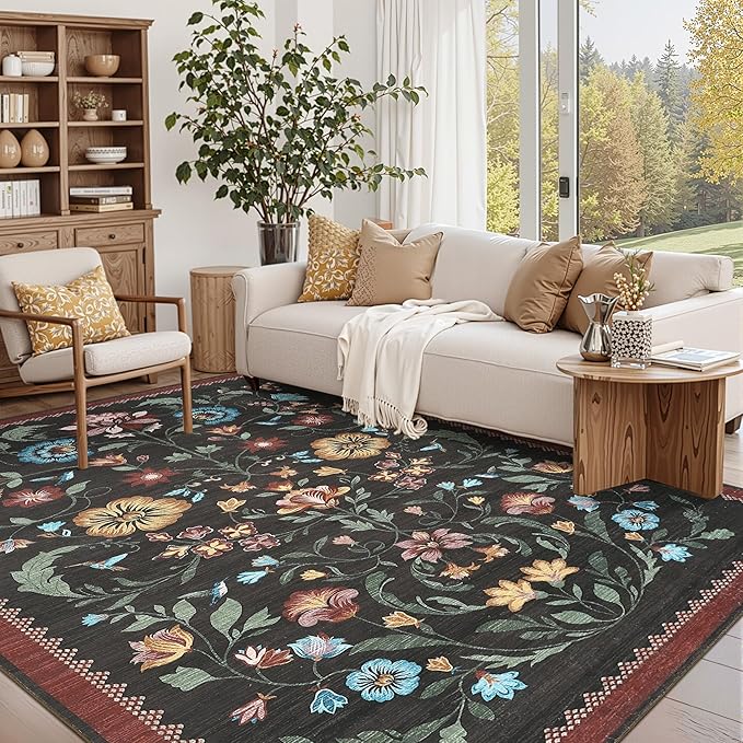 GarveeHome Washable Rug 8x10 Area Rugs for Living Room, Floral Rug for Bedroom, Soft Vintage Non Slip Throw Rugs with Rubber Back, Low Pile Stain Resistant Boho Floral Carpet for Dining Room, Red