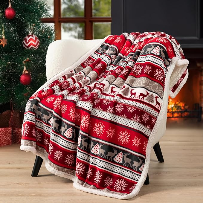 Throw Blanket, Holiday Reindeer Print, Reversible Sherpa Fleece, 50x60 Inches
