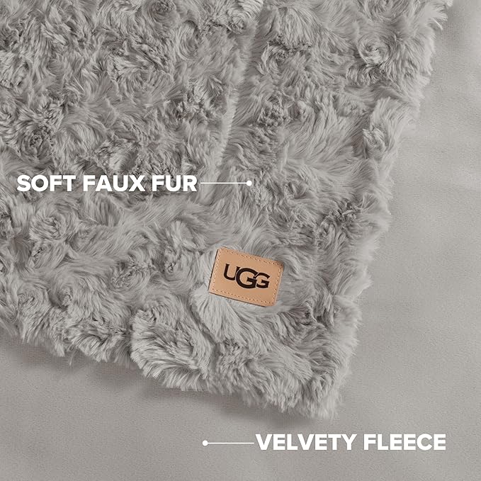 UGG Adalee Faux Fur Twin Blanket, Fluffy Blanket for Bed, Cozy Oversized Throw for Couch, Washable Twin XL Bedding, Luxury Home Decor, 66" x 90", Seal Grey