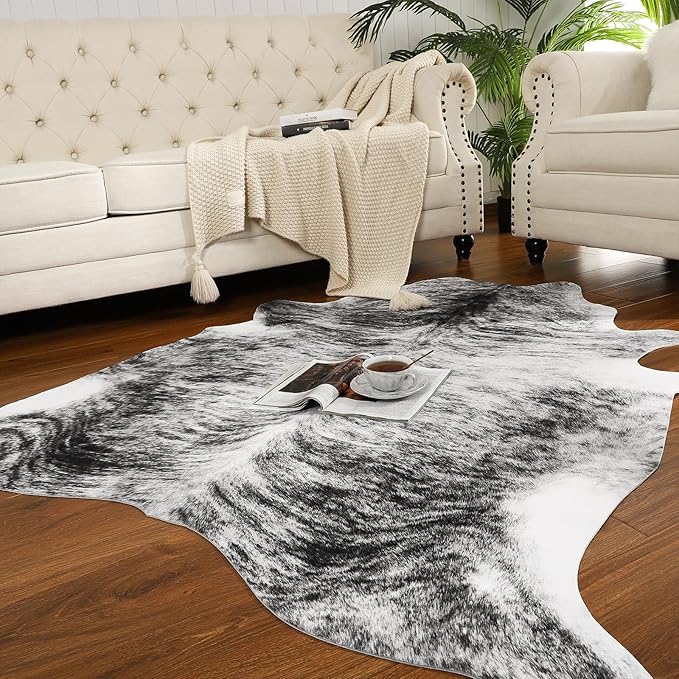 AROGAN Western Decor Faux Fur Cowhide Rug, 4 x 3 Feet Premium Animal Skin Cow Hide Rug, Sturdy Cow Print Rugs for Wall Decor, Western Floor Carpet for Bedroom Living Room, Black and Grey