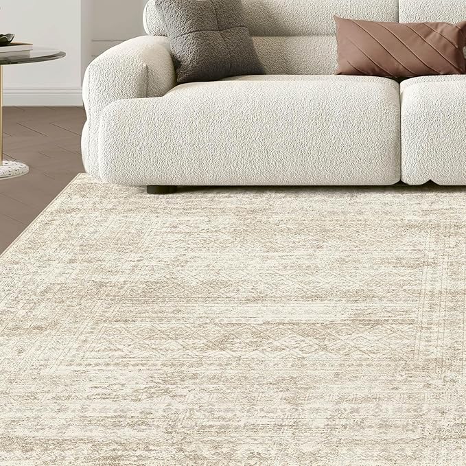 UERMEI Square Area Rugs : Washable 6x6 Neutral Modern Abstract Carpet for Living Room Bedroom - Soft Floor Mat with Non Slip Backing for Kitchen Nursery Dorms Farmhouse Home Decor - Beige/Brown