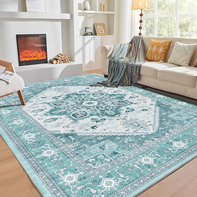 OPPODREAM Soft Area Rugs 4x6, Low-Pile Washable Rugs 4x6 with Non Slip Backing, Faux Cashmere 4 x 6 Throw Carpet, Teal & Turquoise & Cream