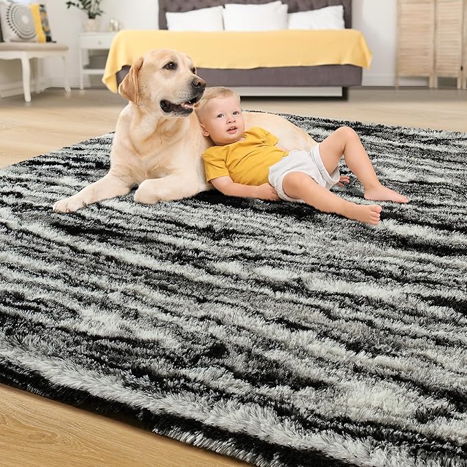 Tepook Soft Fluffy Rugs for Living Room, 5x8 Shaggy Area Rug for Bedroom, Modern Shag Rug Fuzzy Carpets for Kids, Plush Indoor Nursery Home Decor Rug with Non-Slip Bottom, Black White