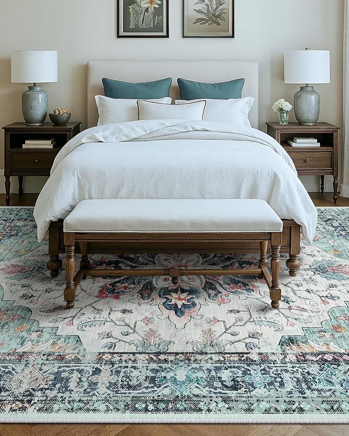 Area Rugs 9'x12' Washable Non-Slip, Floral Vintage Distress Print Pattern Medallion Carpet for Living Room Bedroom Dining Room, Green Navy Blue White Red Teal Colorful