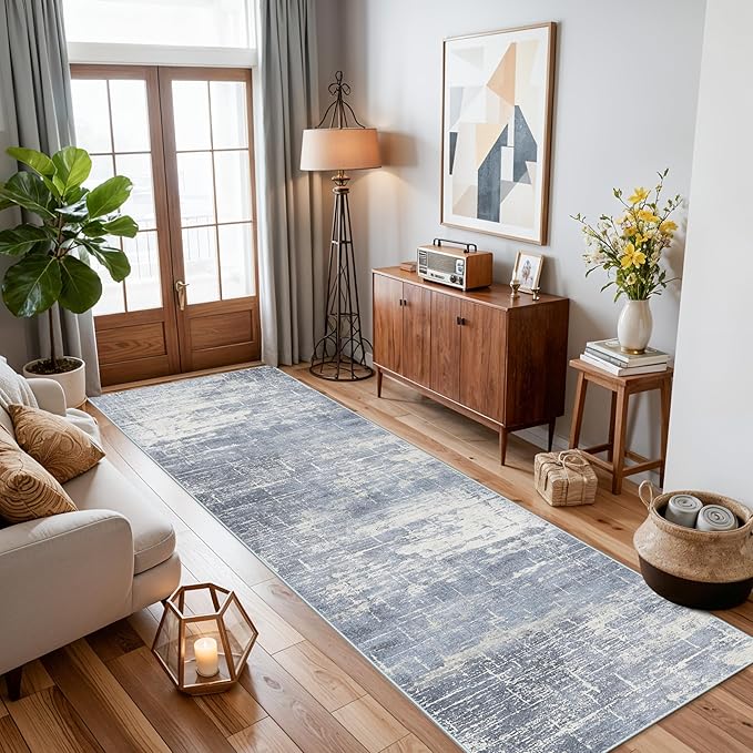 Hallway 2x10 Washable Runner Rug: Abstract Kitchen Stove Rugs Low-Pile Stain Resistant Entryway Area Rug Cozy Bedroom Soft Floor Mat Non-Slip Farmhouse Carpet for Bathroom Living Room(2x10,Blue/ivory)