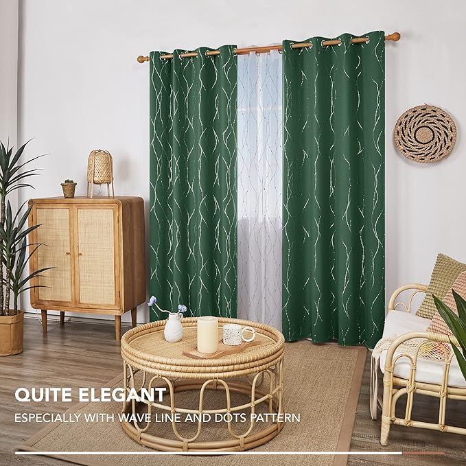 Deconovo Green Curtains, Christmas Blackout Drapes, Thermal Insulated Soundproof Drape, Wave Line Dot Foil Print, 52 x 108 Inch, 2 Panels, Machine‑Washable Window Panel for Living Room Kitchen Nursery