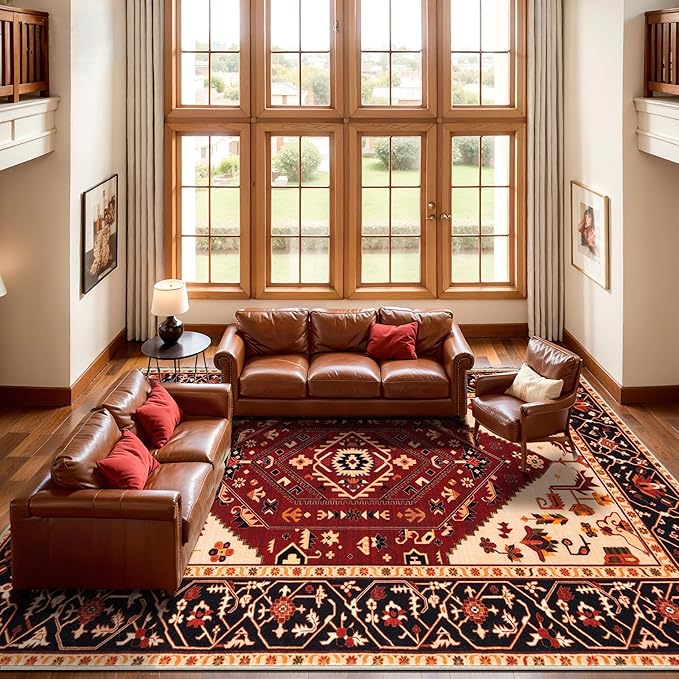 SERISSA 9x12 Area Rugs for Living Room, Large Washable Non-Slip Boho Rug, Ultra Soft Vintage Red Black Oriental Tribal Print Distressed Carpet for Dining Room Bedroom Dorm Office Home Decor