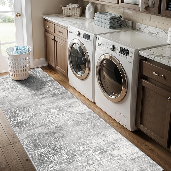HY HAOYUNLAI Abstract 2x8 Runner: Washable Non-Slip 8ft Hallway Carpet Stain-Resistant Laundry Room Kitchen Area Rug Throw Entryway Foyer Mat Soft Living Room Bedroom Beside Runner Rug(2x8,Light/Grey)