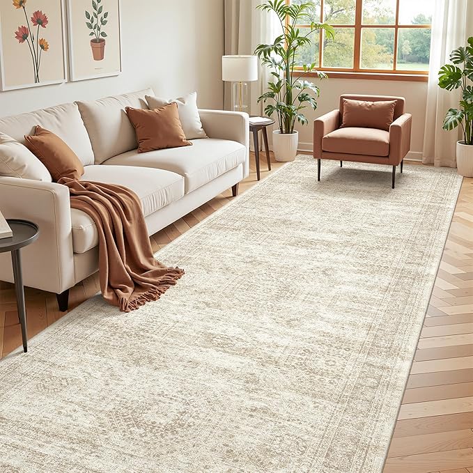 4x12 Runner Rug for Hallway, Low-Pile Wide Runner for Entryway, Long Washable Non-Slip Kitchen Rug, Soft Modern Home Decor Mat for Living, Laundry Room(4'x12', Beige/Ivory)