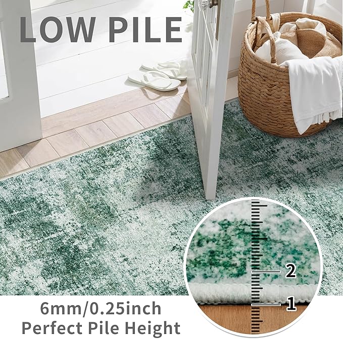 3x10 Washable Runner Rug for Hallway: Non Slip Runners Rugs Easy-to-Clean - Soft Living Room Bedroom Kitchen Carpet - Thin Low Pile Printed Floor Mat for Dining Room Green